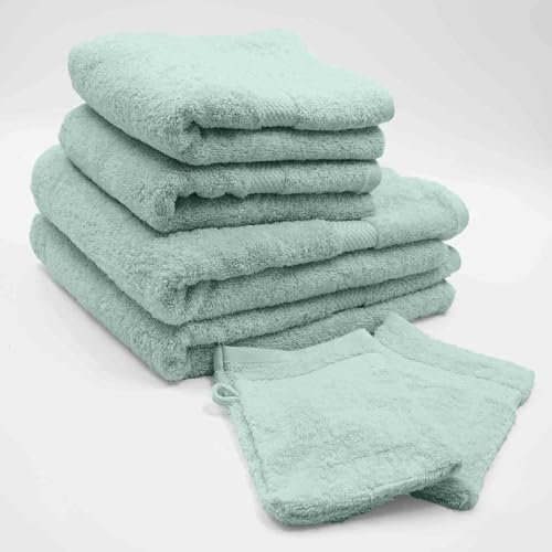 Douceur d'Intérieur Set de 2 Gants (15 x 21 cm), 2 Serviettes (50 x 90 cm) et 2 Draps de Douche (70 x 130 cm) Eponge Unie, Elégance Céladon