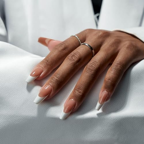 BTArtbox Press On Nails French Tip - Medium Coffin French Tip False Nails, 30 Pcs Natural Fake Nail with Glue, Brown Stick on Nails for Women in 15 Sizes