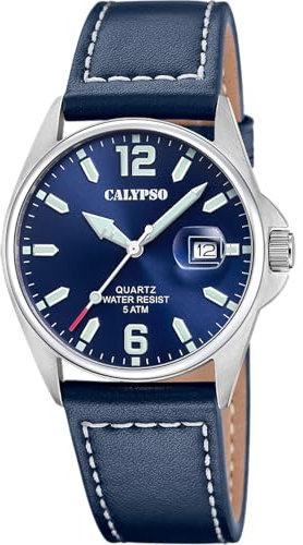Calypso Analoge Herrenuhr K5870/3 Quarz - Wasserfest 5 ATM Hochpräzises Uhrwerk - Eleganter und Klassischer Stil - Blaues Lederarmband - Basic Herrenarmband