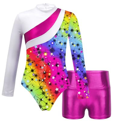 FEESHOW Mädchen Gymnastikanzug Ballett Gymnastikbody Turntrikot Gymnastikhose Shorts Sport Tanzoutfit Athletic Wettkampf Trainingsanzüge Sternenklar-Regenbogen 134-140
