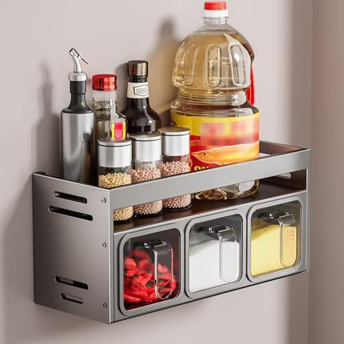 Edumov Gewürzregal Ohne Bohren, Gewürzregale Hängend, Gewürzregal Wand & Stehend mit 3 Gewürzgläsern, Gewürzständer Metall, Gewürz Organizer, Küchenregal Wand Ohne Bohren