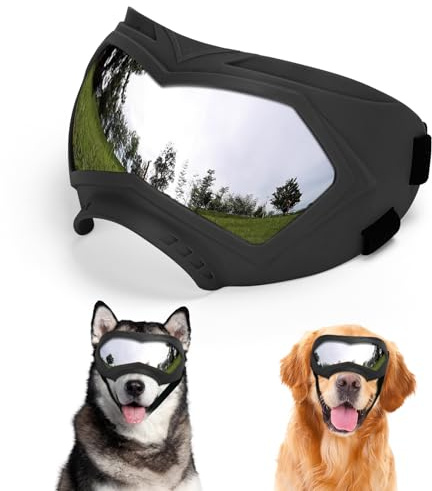 Occhiali per cani, protezione UV, antivento, antipolvere, anti-appannamento, occhiali da sole per cani di taglia grande e media, montatura leggera in TPE con cinturino regolabile, elegante protezione