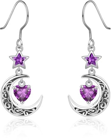 Qings Orecchini Luna con Pendenti Febbraio Ametista Argento 925 Orecchini Stella e Luna crescente Celtica con Pietra di Nascita di Cuore per Donne