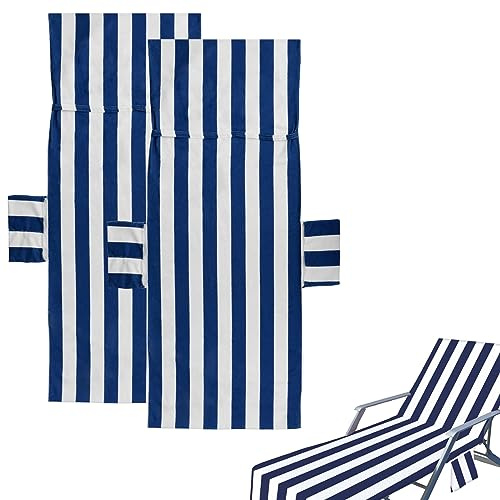 2 Pcs Schonbezug für Gartenliege 210 * 73 cm Sandfrei Handtuch für Sonnenliege Mikrofaser Frottee Handtuch für Sonnenliege Strandhandtuch Schnelltrocknend für Schwimmbäder Strände Gartenhotels (Blau)