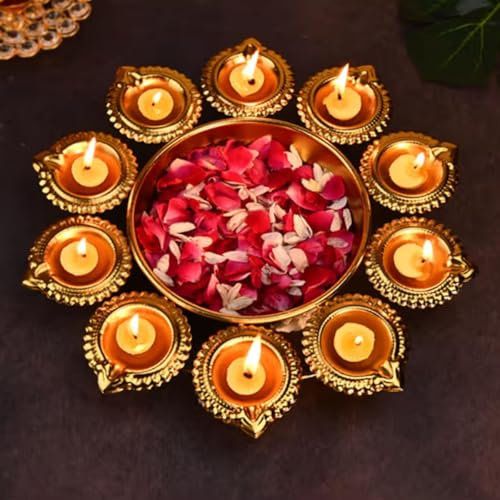 Diya Shape Flower Decorative Urli Bowl for Home Decor Diwali Decoration Bowl Floating Flowers and Tealight Candles Diyas for Home, Office and Table Decor Living Room Bedroom 12 inch