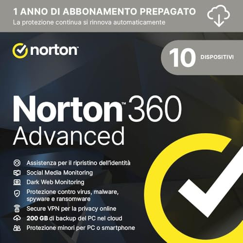 Norton 360 Advanced 2025 | Antivirus per 10 dispositivi | 200 Gb di backup | Licenza di 1 anno con rinnovo automatico | PC, Mac, tablet e smartphone | Codice d'attivazione via email