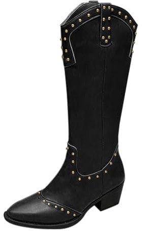 Generico Stivali Alti Donna con Tacco Western Texani Scarponcini Equitazione Stivali Texani Donna con Tacco Bassi Stivaletto a Metà Polpaccio Stivaletti Donna Stivaletti a Punta Cerniera Boots