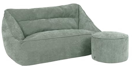 Icon Cecilia Sitzsack Sofa mit Hocker, Salbeigrün, Flauschiger Chenille Stoff, 2 Sitzer Sofa für Erwachsene, Riesensitzsack mit Füllung, Bequemer Sessel, Lounge, Wohnzimmer, Deko Wohnzimmer