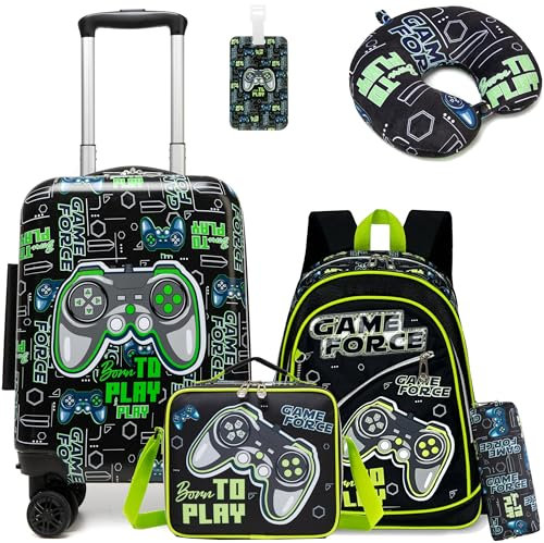 HTgroce 5tlg Kinderkoffer Set, Kinder Reisekoffer mit Rucksack Kinder, Lunchtasche, Federtasche & Kofferanhänger, Nackenkissen, Reisetrolley mit Rollen für Kinder Hartschalenkoffer für Jungen