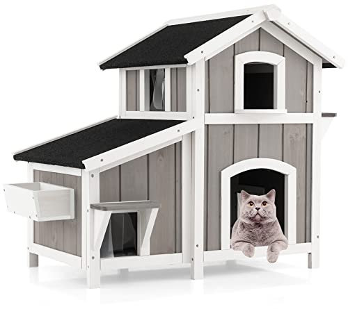 GYMAX Maison pour Chats à 2 Étages, Structure Robuste en Bois Sapin, Toit en Bitumé Imperméable, Fenêtre, Balcon, 2 Plates-Formes de Saut, Niche pour Animaux, pour Intérieur et Extérieur