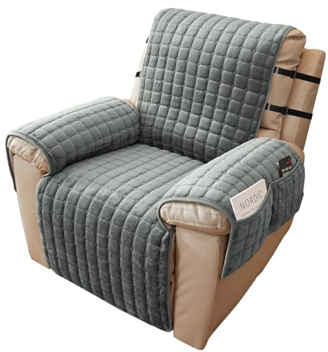 Alishomtll Recliner Chair Cover Plush Armchair Cover 1 Seater 53x190cm Grey | Velvet Armrest Cover Sofa Slipcover Non Slip Furniture Protector for Living Room, with 4 Pockets 2 Adjustable Straps Buckles
