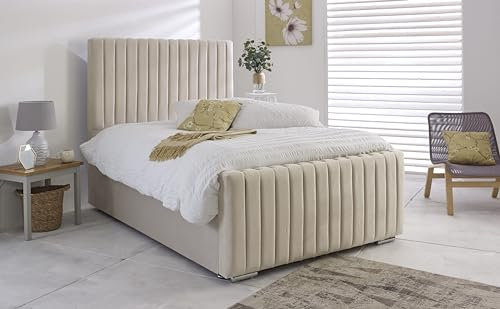 4FT6 Double Bummpy Line Bed Frame With Headboard And Mattress Upholstered In Plush Velvet Cream Wooden Slats - No Storage (Cream, 4FT6 Double Bed With Mattress)
