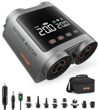 OutdoorMaster Vortex Pro Rechargeable Paddle Board Pump Portable, Electric SUP Pump Battery for 3 SUPs Inflation & Deflation, Max 20PSI 12V/15.8V DC & Type-C Input, Auto-Off, 8 Nozzles for Inflatables