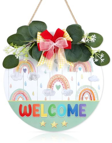 CHDITB 3D Rainbow Welcome Sign,Wreaths for Front Door,Rainbow Wood Hanging Plaque,Welcome Door Sign,Raindrop Wreath Round Wall Art Sign Hanger Classroom Wall Decor for Nursery Kid Room Playroom Decor
