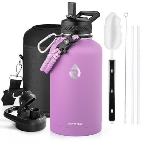 RAYMYLO Insulated Water Bottle 64 oz, Triple Wall Vacuum Stainless Steel (Cold for 48 Hrs), Leak Proof & Non-BPA, Half Gallon Water Flask Jug with Paracord Handle & Straw Spout Lids, Lilac