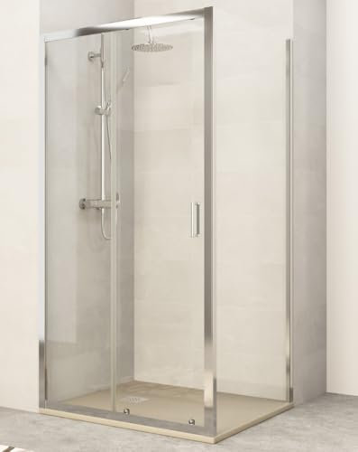 Mampara Ducha Rectangular Frontal Corredera 1 puerta 2 fijos | Vidrio 5mm Antical Transparente| Perfil Cromo 120cm (Adaptable 118.7-122.7) x 70cm
