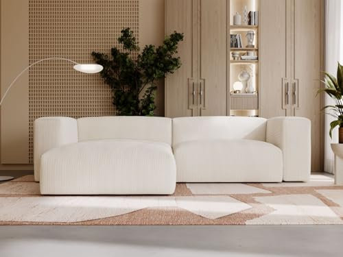 GRAINGOLD Landi Ecksofa 240x180 cm, L-Form Sofa, Ecksofa für Wohnzimmer, Cord Stoff, 4-Sitzer Eckcouch, Modernes Design (Creme, Links)