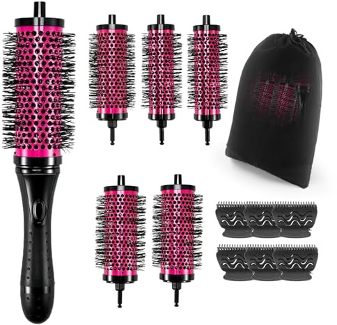 Yocdunm Round Hair Brush Set Detachable Handle Hair Roller Brush 3 Sizes Round Hair Brush for Blow Drying with 6 Positioning Clips,6 Barrels 1 Handle (Rose Red)