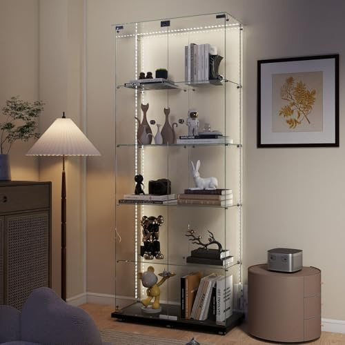 Aplancee Glasvitrine Standvitrine Schwarze mit LED & Rollen- 5 Glasböden 2 Türen 188.8 * 36.3 * 80.7cm rahmenlose Vollsicht Vitrine, Vitrinenschrank für Wohnzimmer, Büro, Buch Sammlerstücke Wein