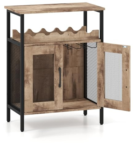 GiantexUK Wine Bar Cabinet, Industrial Kitchen Sideboard with Removable Wine Rack, Detachable Glass Holders & Anti-Tipping Device, Metal Frame Buffet Cupboard for Dining Living Room (Grey Wash)