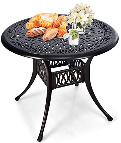 GIANTEX Gartentisch, Balkontisch φ90 cm, Bistrotisch mit φ5 cm Schirmloch, Terrassentisch aus Gussaluminium mit verstellbaren Füßen, Esstisch wetterfester, Kaffeetisch für Garten (Rund-Braun)