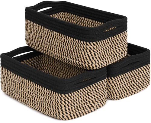 TIMEYARD 3er Set Aufbewahrungskorb Geflochten 28x18x11cm Schwarz & Jute | Stilvolle kleine Körbe für Handtücher, Geschenke und Kleinteile. Ideal für Regal und Schrank