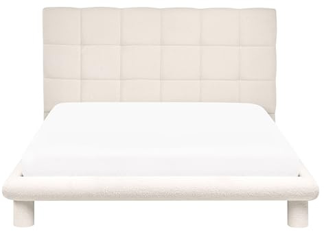 Beliani Boucle Bed with a Headboard EU Double Size 4ft6 Upholstered Teddy Off-White Cressat