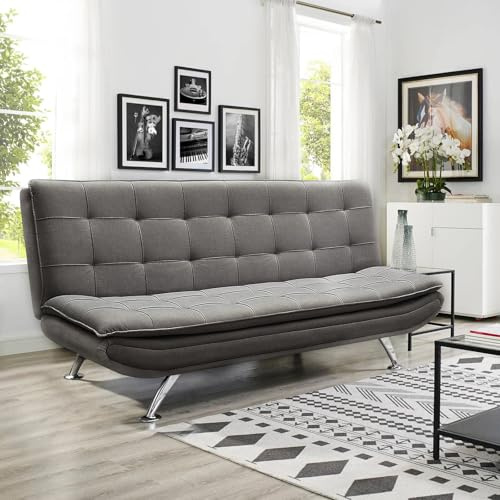 Warmiehomy 3 Seaters Sofa Bed Fabric Sofa Couch with Chrome Legs Convertible Lounge Sleeper Chair with Adjustable Backrest Corner Couch for Apartment Office Bedroom Living Room(196X60X92cm/Grey)