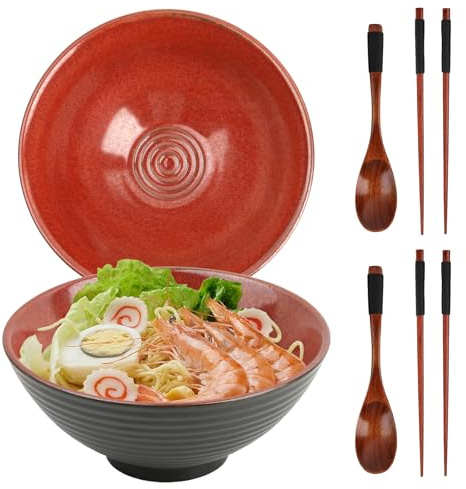 GEEKHOM Ramen Schüssel Set 2x 1200ml Japanische Ramen Bowl aus Keramik mit Essstäbchen und Löffel aus Holz - Groß, Mikrowelle & Spülmaschinenfest für Nudeln, Suppe, Pho, Salat