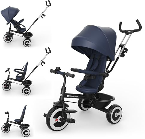 Kinderkraft Aston 2 PRO Dreirad, Schiebestange, 360° Sitz, Verdeck,Navy