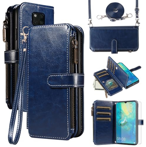 Asuwish Handyhülle für Huawei Mate 20 X 5G Hülle mit Band Folie Schutzfolie Kartenfach Klappbar Leder Geldbörse Ständer Hawaii Mate20 20X Handy Hüllen Schutzhülle Reißverschluss Cover Phone Case Blau