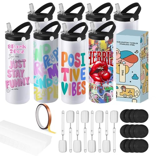 Cafultgo Vasos de sublimación de 20 onzas con tapa de viaje y popotes, doble pared aislada de acero inoxidable con asa, para manualidades, negocios, regalos (pajita blanca, 8 piezas)