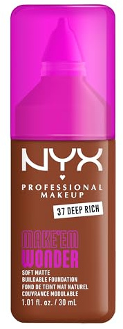 NYX Professional Makeup Make 'Em Wonder Foundation, 24H Soft Matte Aufbaubare Foundation, Mit hoher Deckkraft, Mattes Finish, 36 Deep Rich