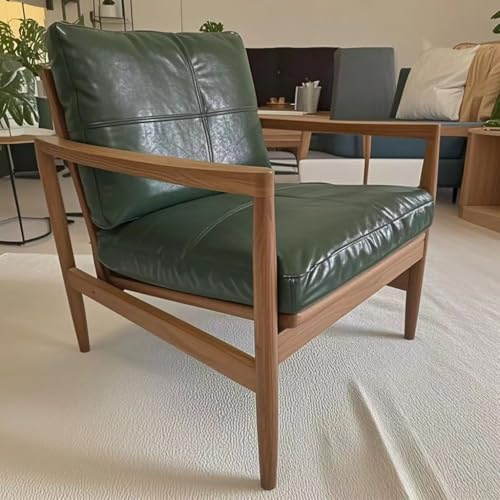 Retro Massivholz Sessel - Bequemer Vintage Loungesessel für Wohnzimmer, Schlafzimmer & Balkon, Polsterliege Freizeitsofa in Grün Stoff