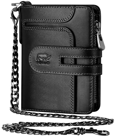 furid Genuine Leather Chain Wallet: RFID Blocking Men's Wallet with Anti-Theft Chain - Bifold Zipper Coin Pocket Holds 15+ Cards - Gift for Motorcyclists Outdoor Workers Travelers on Birthday
