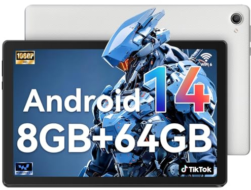Laptok Tablet 10 Inch, Android 14 Tablet with 8GB+64GB+1TB, Fast Charging, 5MP+8MP, 5000mAh, WiFi 6 (2.4GHz & 5GHz), Bluetooth 5.3, 1280 * 800 IPS HD Screen(White)