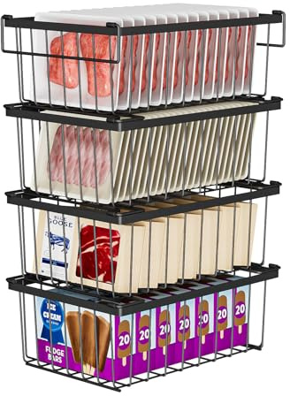 PUTINEI 4 Piezas Organizador Congelador Cestas Apilables Para Congelador Metal Organizador de Congeladors Con Asas Y Fondo Antideslizante Metal Organizadores Arcon Congelador