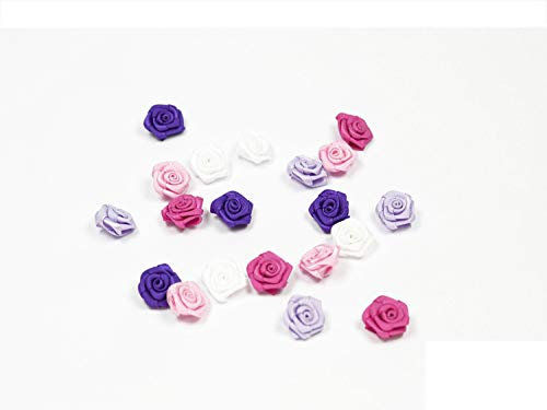 Rosen 15 mm x 20 Stück Satinrosen Aufnäher Deko Blumen Röschen zum Basteln Haarschmuck kleine Rosenköpfe Farbe: MIX-RL/lila flieder fuchsia weiß