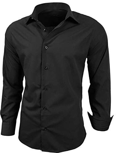 Baxboy Herren-Hemd Slim-Fit Bügelleicht Für Anzug, Business, Hochzeit, Freizeit - Langarm Hemden für Männer Langarmhemd R-44, Farbe:Schwarz, Größe:S