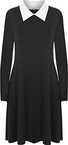 WearAll New Womens Plus Size Collar Long Sleeve Plain Ladies Swing Dress - Black White - 16-18