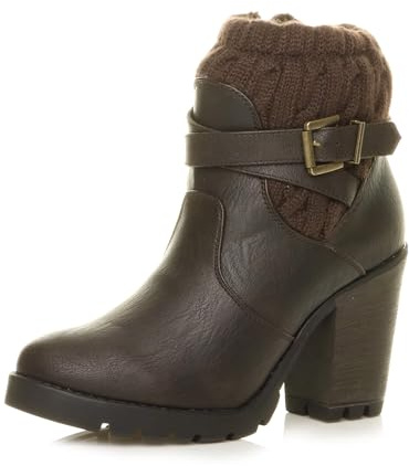 AJVANI Womens ladies high block heel knitted collar winter military army combat biker zip ankle boots booties size