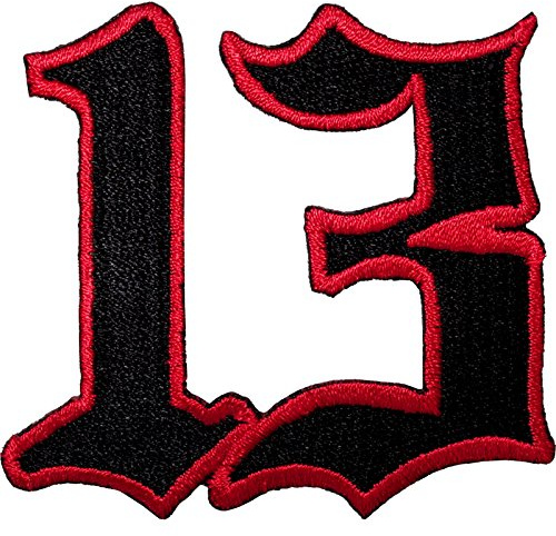Bestickter Aufnäher mit der Zahl 13, zum Aufnähen oder Aufbügeln, Schwarz / Rot