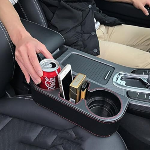 IOKONE Car Cup Holder, PU Leather, Car Seat Gap Filler Organizer, Black | Console Side Pocket, Front Seat Organizer, Drink Holder for Car, Universal Fit, Easy Installation, Cell Mobile Phone Holder