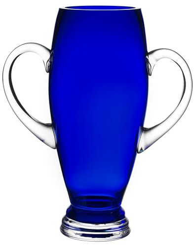 Barski - Verre cobalt européen - Vase trophée sur pied - Avec poignée - Hauteur : 34,3 cm - Fabriqué en Europe