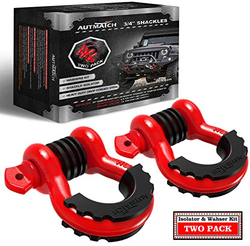 AUTMATCH D-Ring-Bügel 1,9 cm (3/4 Zoll) Schäkel (2 Stück) 41,887 kg Bruchfestigkeit mit 2,2 cm Schraubstift und Bügelisolator Unterlegscheiben-Set für Abschleppgurt, Seilwinde, Geländewagen, Rot