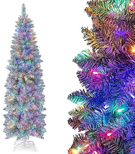 COSTWAY 5FT/6FT Pre-Lit Artificial Christmas Tree, Hinged Slim Pencil Xmas Tree with 343/475 Branch Tips and 190/250 Multi-Color LED Lights, Xmas Holiday Office Home Decor(6FT, Green + White)