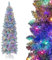 COSTWAY 5FT/6FT Pre-Lit Artificial Christmas Tree, Hinged Slim Pencil Xmas Tree with 343/475 Branch Tips and 190/250 Multi-Color LED Lights, Xmas Holiday Office Home Decor（6FT, Green + White）