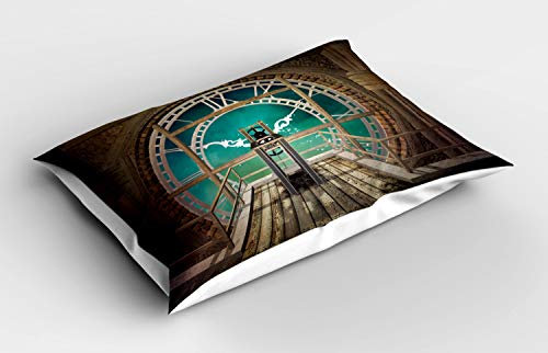ABAKUHAUS Steampunk Kissenbezug, Fantasy Clock Tower, Dekorativer Standard King Size Gedruckter Kissenbezug, 80 x 40 cm, Türkis