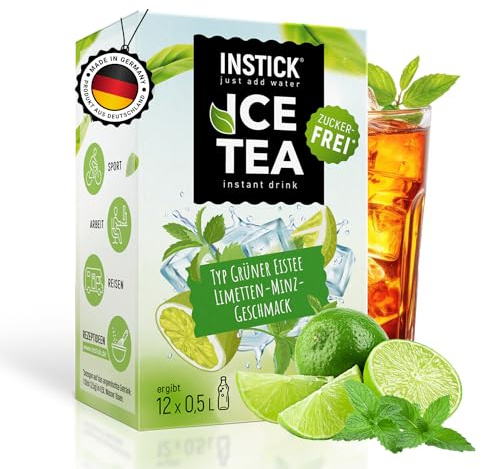 INSTICK Ice Tea senza zucchero (Tè Freddo Limetta e Menta) - 1 confezione per 12 x 0,5-1 L - Bevanda istantanea senza zucchero - Polvere per bevande vegane a basso contenuto calorico e vitamina C