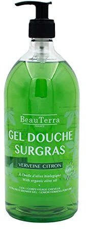 BeauTerra - Gel Douche Surgras 1L - Pour Peaux Sensibles - Parfum Verveine Citron - Sans Savon - Corps et Cheveux - Enrichi à l'Huile d'Olive Bio - 100% Fabriqué en France